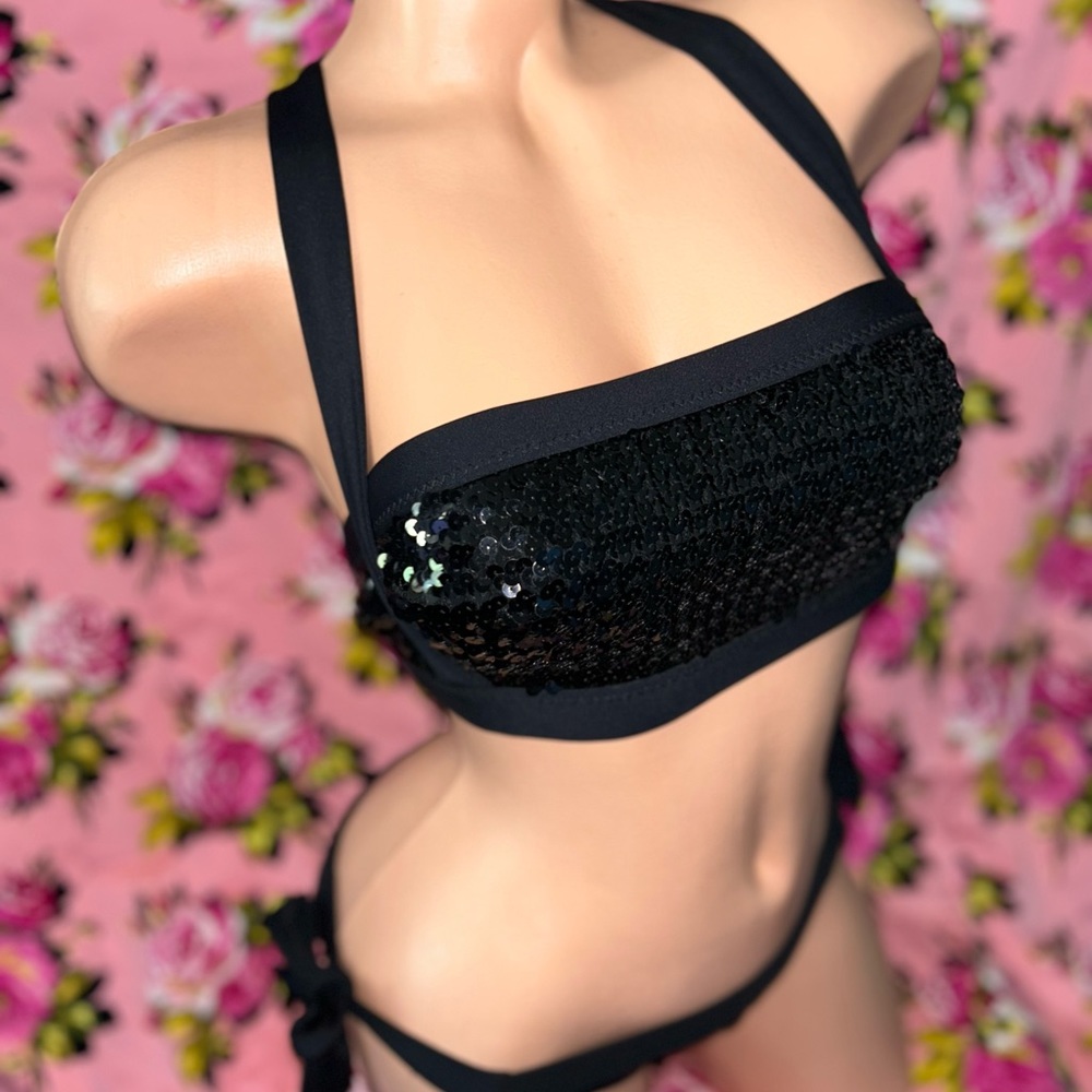 Betsey Johnson vintage black sequin bow bikini swimsuit cabaret burlesque goth - Picture 9 of 11